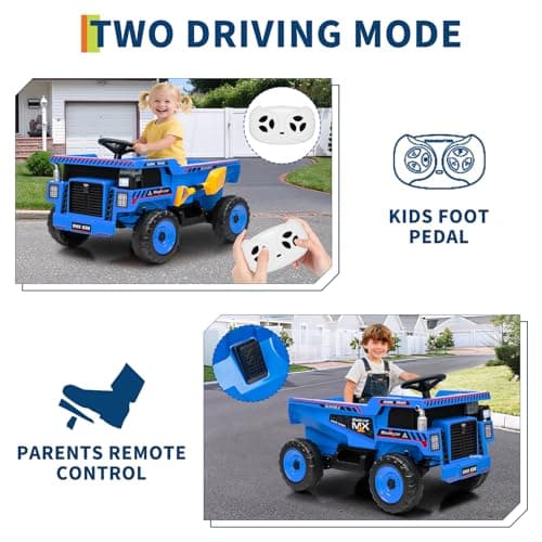 Garvee 12V Ride On Dump Truck for Kids, Ride On Car with Remote Control, Construction Vehicles with Dump Bed & Shovel, Ride-On Toys 16.5 in Spacious Seat, Music, Headlights, Soft Start, Blue - Thumbnail 3