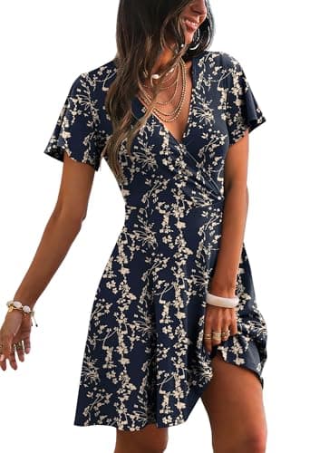 Dresses for Women 2026 Casual Wrap V Neck Knee Length Lightweight Cottagecore Summer Dress Mothers Outfits Floral Navy 03 L - Image 1
