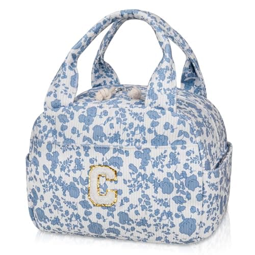 Large Lunch Bag for Women Men Cute Corduroy Lunch Tote Bags Reusable Lunch Box Adult Leakproof Portable Cooler Bag for Work Picnic or Travel Use (BlueWhite C) - Image 1
