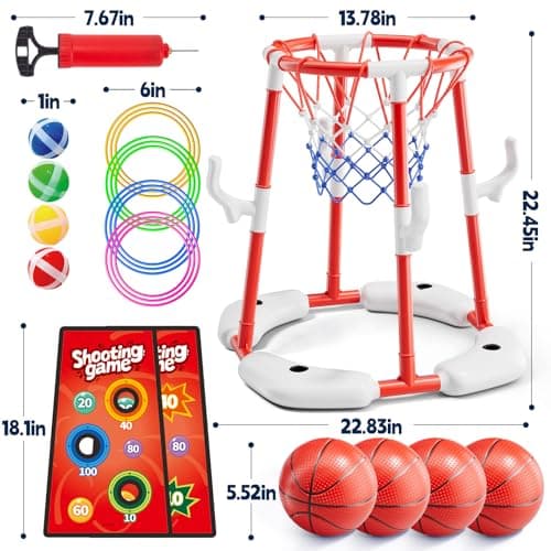Pool Basketball Hoop for Kids Ages 4-8 & 8-12 - Floating Game Set with Water-Fillable Base, Pump, Toss Targets & Sticky Balls, Pool Games Backyard Swimming Pool Toys for Outdoor Summer Family Fun - Thumbnail 6