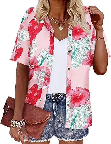 LILYCHIC Women's Hawaiian Shirts Outfits Luau Party Tropical Tops Blouses Summer Beach Vacation Plus Size Button Down Up Floral Pink, 3XL - Image 1