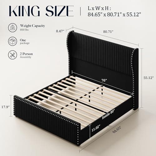 Belffin King Size Bed Frame with 55" Headboard Nailhead Trim Design, White - Thumbnail 2