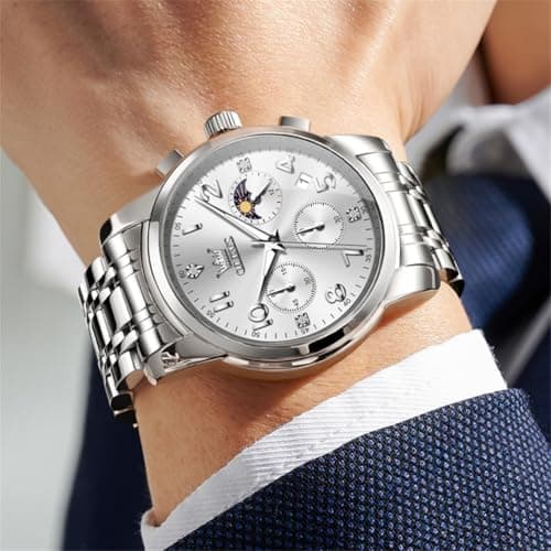 OLEVS Silver Watch for Men Luxury Chronograph Stainless Steel Waterproof Mens Watches Classic Analog Men's Wrist Watches Date Moon Phase Big Face Easy Read Man Watch Relojes para Hombres - Thumbnail 3