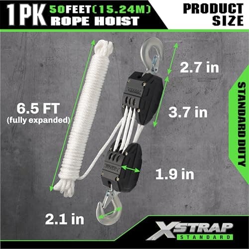XSTRAP STANDARD Heavy-Duty 2,000LB 50 Feet Reflective Rope Hoist Pulley 1 Ton Wheel Block and Tackle System 5:1 Ratio Lifting Power with 2PK 18 Inch Soft Loop (Upgraded 50ft White) - Thumbnail 4