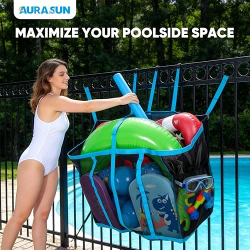 AURASUN 31" L x 20" W Poolside Float Storage Bag for Fence & Deck - Hanging Mesh Organizer for Beach Balls, Basketball and Volleyball - Pool Accessories Organizer with Side Pocket - Thumbnail 3