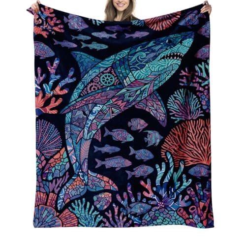 Shark Blanket Gifts for Women Girls Kids Adults, Shark Floral Underwater Coral Fish Soft Cozy Flannel Decor Multi-Use Blankets for Home Couch Bed Office Travel Nap Birthday 50"x60"