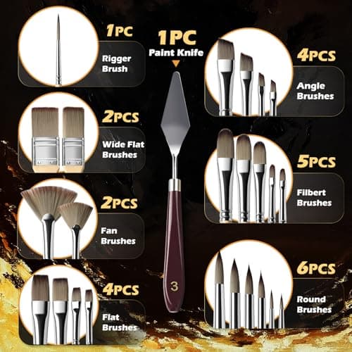 Acrylic Paint Brush Set, Golden Maple 25 PCS Paint Brushes for Acrylic Painting Oil Watercolor & Canvas,Enhanced Synthetic Brush Set with Cloth Roll and Palette Knife - Thumbnail 3