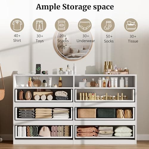 6 Drawer Dresser for Bedroom, White Dresser with LED Lights, Power Outlet, Modern Wood Chest of Drawers for Closet, Double Wide Drawer Organizer Cabinet for Bedroom, Living Room, Entryway, Hallway - Thumbnail 5