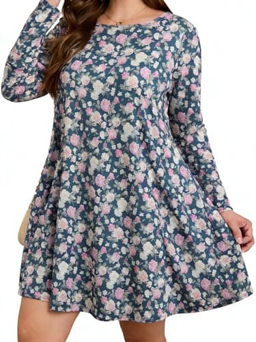 BLANCHES Plus Size Floral Dress for Women Long Sleeves Crew Neck Casual Dresses Empire Waist Swing Cute Tiered Loose A-Line Flowy Dress with Pockets - Image 1