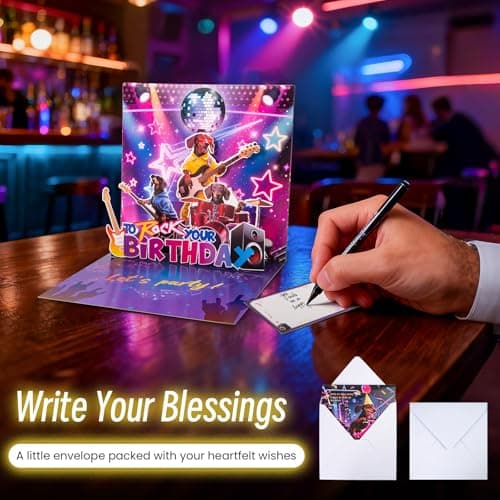 mountova Birthday Card, Funny Birthday Cards for Men Women Kids, Exquisite MUSICAL & SHAKING & LIGHTING Rock Band Dog Pop-up Greeting Card Gifts with Envelope, 6.1 x 6.1 Inch - Thumbnail 5