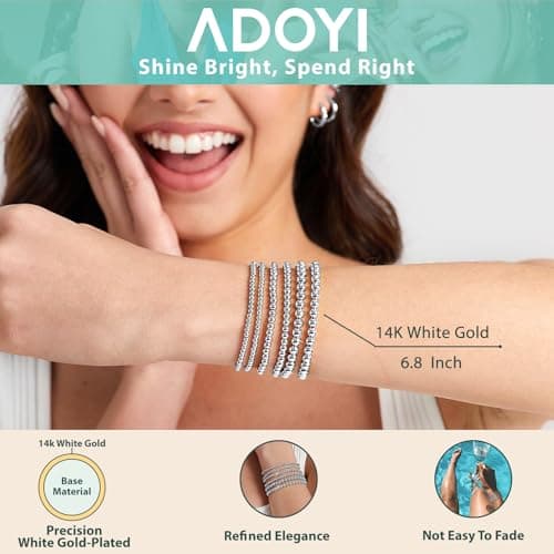 adoyi Silver Bracelets for Women, 14K Gold Plated Beaded Strand Ball Bracelets stack Set Adjustable Stackable Bead Bracelet Set Jewelry for Womens Gifts - Thumbnail 5