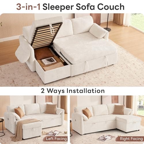 Tbfit 83'' Sleeper Sofa Bed with USB & Storage Chaise, Convertible Pull Out Sofa Bed, Couches for Living Room, Dorm, RV, Small Spaces, White Sherpa - Thumbnail 4