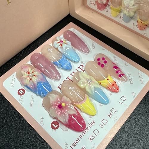 10 pcs Handmade Press on Nails, Dopamine Summer 3D Flower Fake Nails,The effect is just like a salon manicure French Reusable Full Cover False Nails, Salon Grade Manicure long Almond Size M