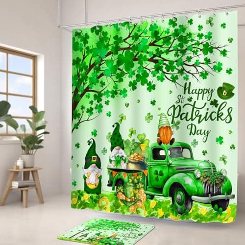 Lutto St Patricks Day Shower Curtain for Bathroom, St Patricks Day Shower Curtain Set with Rugs, Bathroom Set for St Patrick's Day Decorations, Gnomes Shower Curtain with Hooks for Bathroom Decor - Thumbnail 4