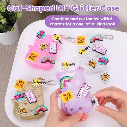 FunisFun Glitter Silicone Holder Case Compatible with Hand Sanitizer Spray 1 Fl. OZ., Adorable Cat-Shaped Keychain with 6 Charms (Purple) - Thumbnail 4