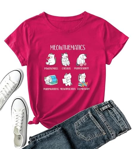 Math Teacher Shirt for Women-Funny Math Cat Pun Short Sleeve Math Lover Shirt Teacher Appreciation Gift Tops A-Pink - Image 1