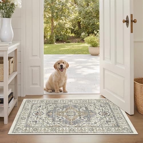 EiniHliw Washable Entryway Runner Rug - 2x3 Kitchen Rug Distressed Low Pile Mats Non Slip Soft Rugs for Dining Room with Rubber Backing Bedroom Runner with Vintage Design (Beige/Blue 2x3) - Thumbnail 3