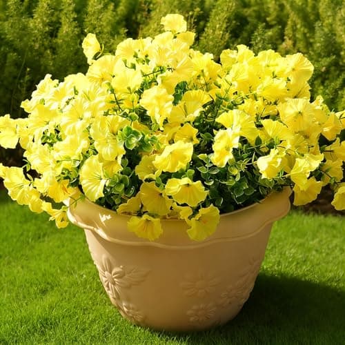 Fanfantoey Artificial Flowers for Outdoor, UV Resistant Fake Plants Outside Decoration, 14 Pcs Realistic Silk Morning Glory Faux Flowers for Porch Patio Gardens Home Decor(Yellow) - Image 1
