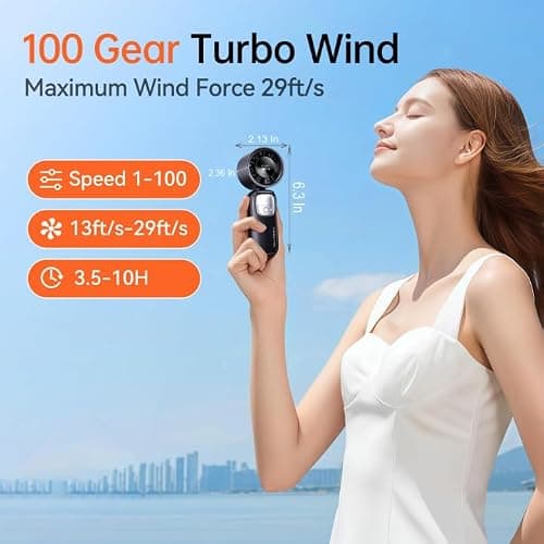 KIMMOO 3-in-1 Portable Handheld Turbo Fan-100 Speeds, 15000 RPM, 10Hrs Cooling, LED Display, 90° Rotation, Small Travel Fan, Mini Foldable Hand Held Personal Fan for Women Men (Black) - Thumbnail 3
