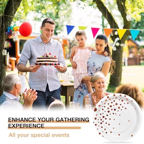 White Rose Gold Paper Plates for Party, 7" Thickened Gold Dot Disposable Plates(50pcs),Birthday Cake Dessert Plates for Indoor/Outdoor Party Supplies&Decoration, Ideal for Birthday,Wedding,Baby Shower - Thumbnail 5