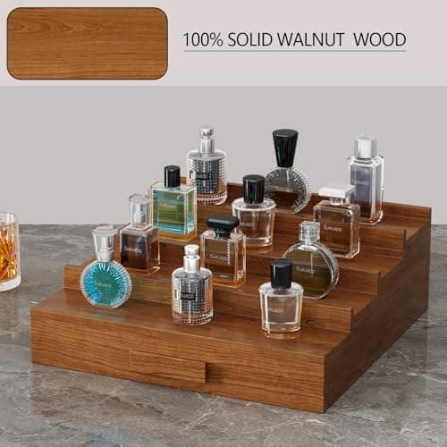 Sueuapp Cologne Organizer for Men,4 Tier Walnut Wood Cologne Stand,Cologne Shelf Display Holder with Hidden Storage and Drawer,Perfume Stand Organizer Great Gifts for Men - Thumbnail 2