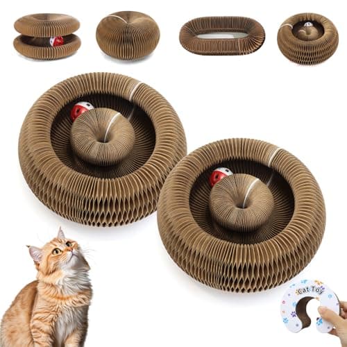 PETSWEET 2Pcs Magic Organ Cat Scratcher Cardboard, Foldable Scratching Board, Interactive Cat Toy with Bell Ball, Corrugated Cardboard Scratch Pad for Indoor Cats, Round - Image 1