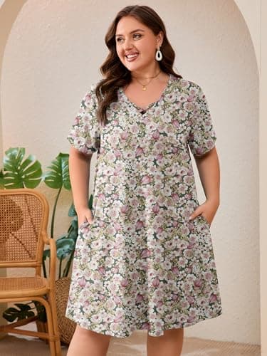 AusLook Plus Size Midi Dress for Women Floral Pink 4X Short Sleeve V Neck Criss Cross A Line Summer Casual Vacation Dress T-Shirt 2026 Sundresses with Pockets - Thumbnail 3