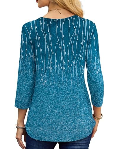 NORACORA Women's 3/4 Length Sleeve Crew Neck T-Shirt - Printed Casual Basic Tops Cyan - Thumbnail 4