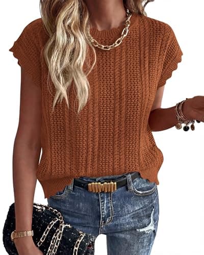 KIRUNDO Crochet Tops for Women Cap Short Sleeve Sweater Vest 2026 Spring Summer Cable Knit Pullover Beach Vacation Outfits(Caramel, Small)