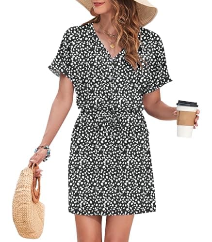 AUSELILY Womens Summer Dress 2025 Casual Short Sleeve Sundress V Neck Tie Button Beach Swing Dresses with Pockets, Black Horseshoe XL - Image 1
