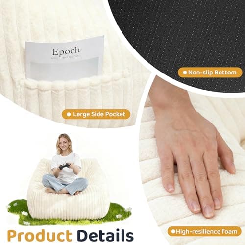 HABUTWAY Bean Bag Chair, Giant Bean Bag Chairs for Adults and Kids, Bean Bag Sofa, Lazy Floor Sofa, Faux Fur Beanbag Chair with Armrests for Living Room Bedroom (Beige) - Thumbnail 3