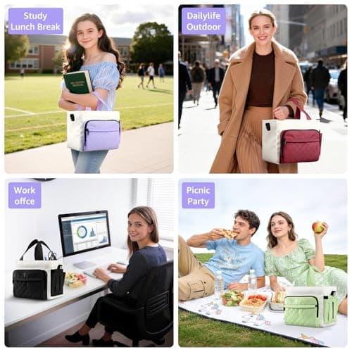 Women's Insulated Lunch Box Bag - Stylish Tote Design, Leakproof Waterproof Lunch Cooler, Large Lunch Tote Bags for Work Commute & Dates (White-Green) - Thumbnail 6