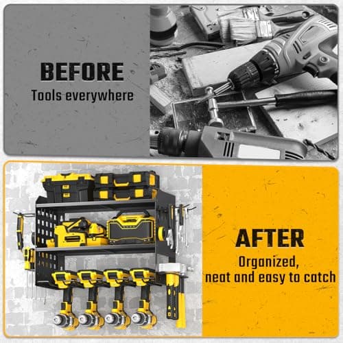 SPACECARE Power Tool Organizer, Drill Holder Wall Mount with 2 Side Pegboards with Hooks, 3 Layer Garage Organization Heavy Duty Tool Organizers Utility Rack for 4 Drill Holders Black - Thumbnail 5