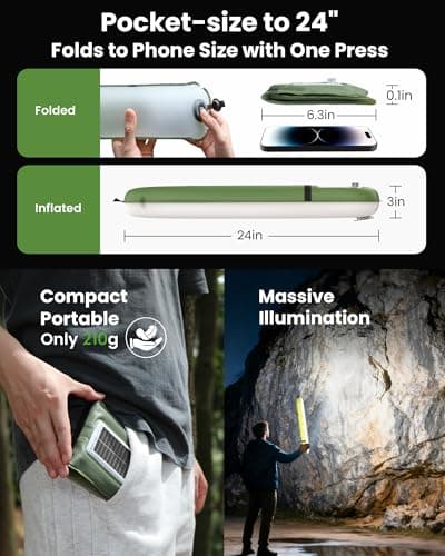 24" Inflatable Solar Camping Lantern,Magnetic LED Tube Light with USB-C 2000mAh Phone Charger,IP66 Waterproof TPU Tent Light for Hurricane Emergency,Backpacking & Off-Grid Survival (Green) - Thumbnail 2