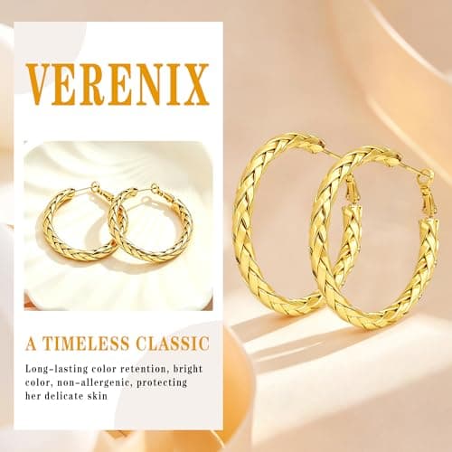 Gold Hoop Earrings, 14K Gold Plated Hoop Earrings for Women, Women's Hoop Earrings 30mm Classic Woven Design Lightweight Hypoallergenic Fashion Jewelry, Ideal Gift for Birthday Valentine Mother's Day - Thumbnail 3