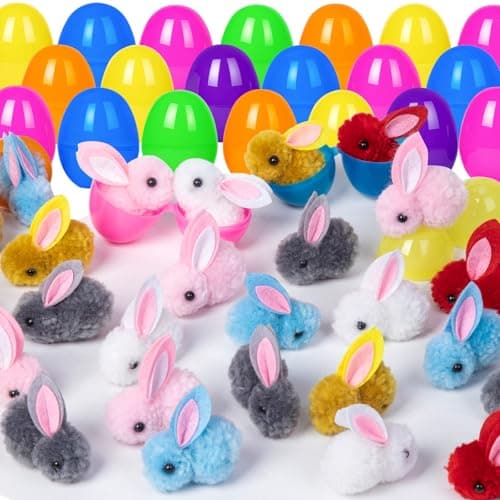 HIKISS 24 Pack Easter Eggs Filled Plush Bunny Toys, Mini Colorful Bunny Egg Fillers for Kids Toddler Boys Girls Easter Egg Hunt Classroom Prize Supplies Basket Stuffers Easter Party Favors - Image 1