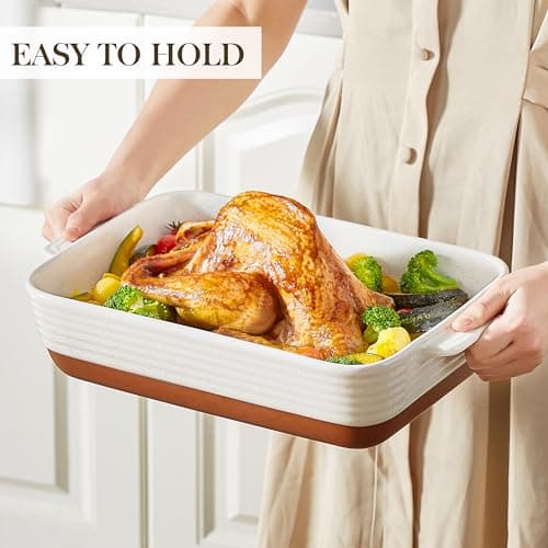 MALACASA 9x13 Ceramic Baking Dish, 4.8 QT Deep Casserole Dish with Handles, Oven Safe Lasagna Pan for Baking, Roasting & Serving, Rectangular Bakeware, Khaki & White, Tara - Thumbnail 6