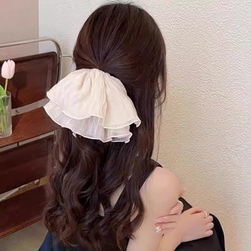 Jseng 2PCS Extra Large Scrunchies for Hair, Korea Lace Hair Ties, Beige and Black - Thumbnail 4