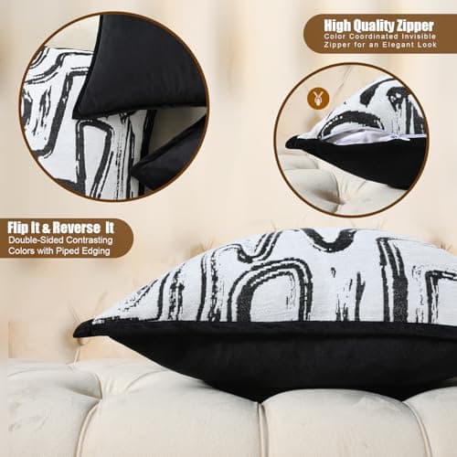 OLSUNOR Black and White Pillow Covers, 20x12 inch Geometric Decorative Throw Pillow Covers w/Invisible Zipper & Velvet Flange Edge, Soft Chenille Jacquard Accent Pillow for Mother's Day, Home Decor - Thumbnail 5