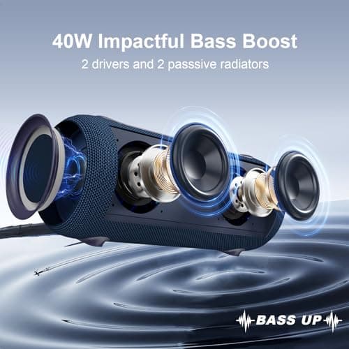Passau Portable Bluetooth Speakers 40W Peak Loud Stereo Sound, Passive Radiators-Deep Bass, All Day Playtime, Adjustable Strap, BT5.3, IPX5 Wireless Speaker RGB Lights for Indoor Outdoor-Blue - Thumbnail 2