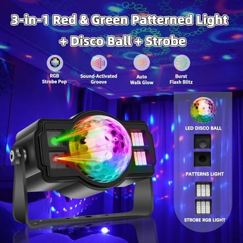 3-in-1 Disco Ball Party Lights, Sound Activated DJ Strobe Light with 60 Patterns, USB Powered Disco Light Projector for Room Decor, Glow Party Supplies, Birthday, Christmas, Halloween - Thumbnail 3