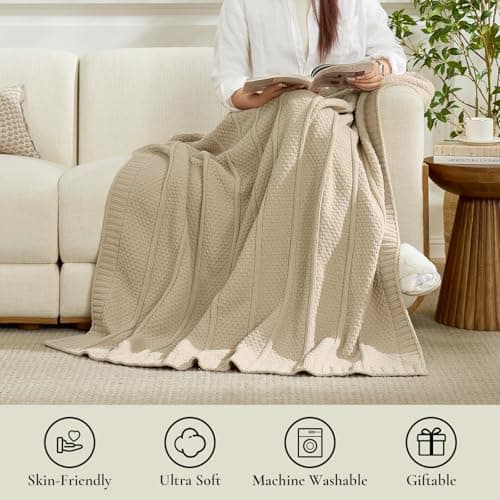 Amélie Home UltraChunky Chenille Throw Blanket, Soft Moss Stitch Knit Blanket for Couch, Sofa, Chair, Home Decor, Beige 50"x60" - Thumbnail 6