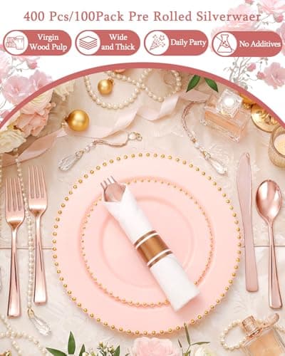 Supernal 240Pcs Rose Gold Plastic Silverware Set with Napkins - Pre Rolled Disposable Cutlery (60 Forks, 60 Knives, 60 Spoons) - Heavy Duty Utensils for Wedding, Bridal Shower & Elegant Parties - Thumbnail 4