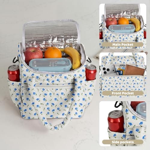 Women's Insulated Lunch Tote Bag - Inch Quilted Lunch Box for Women, Large Waterproof Cooler Bag with Pockets for Work, Picnic, Adult (blue flower) - Thumbnail 4
