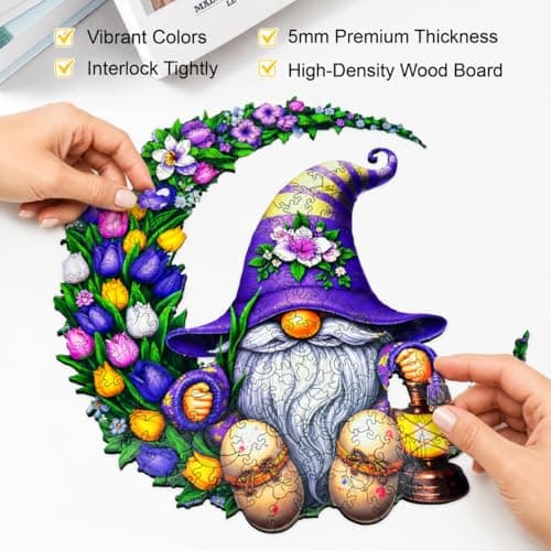 Gnome Wooden Puzzles for Adults, Flower Tulip Unique Shape Wooden Jigsaw Puzzle for Adults 200 Piece, Challenging Floral Moon Gnome Puzzles, Creative Gift for Friend Family Game Wall Decor 11*10.6in - Thumbnail 6