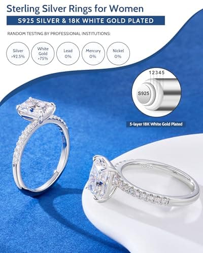 Radiant Cut Moissanite Engagement Ring 1.5ct D Color VVS1 Clarity Lab Created Moissanite Wedding Rings for Women 18K White Gold Plated Sterling Silver Travel Ring Valentines Women Jewelry Size 4.5 - Thumbnail 5