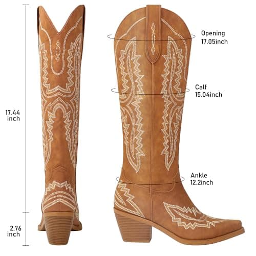 LeunDen Tan Cowboy Boots for Women, Knee High Cowgirl Boots Women with Pointed Toe, Block Heel Embroidery Western Boots Tall Long Boots Size 8.5 - Thumbnail 4