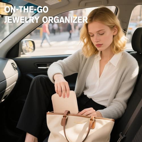 WOOMADA Travel Jewelry Case, Portable Jewelry Box with 6 Velvet Jewelry Zipper Pockets,Gift Idea for Women(beige) - Thumbnail 2