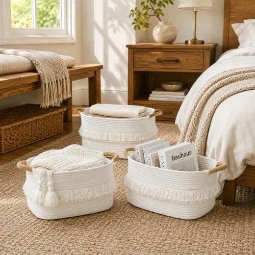 BUBUSUN Woven Baskets, 3-Pack Storage Basket for Living Room, Bedroom, Nursery, Stylish Gift Basket with Handles, Cotton Rope Basket for Toys and Shelves, Multi-Purpose Organizer, White - Thumbnail 2