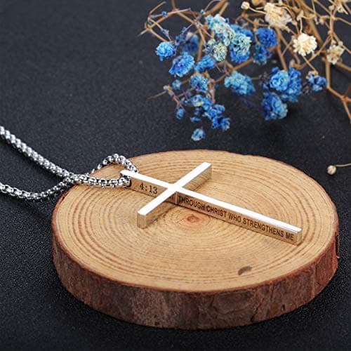 Rehoboth Stainless Steel Cross Pendant Necklaces for Men Women Philippians 4:13 Strength Bible Verse Pendant Chain 24 Inch Silver - Thumbnail 3